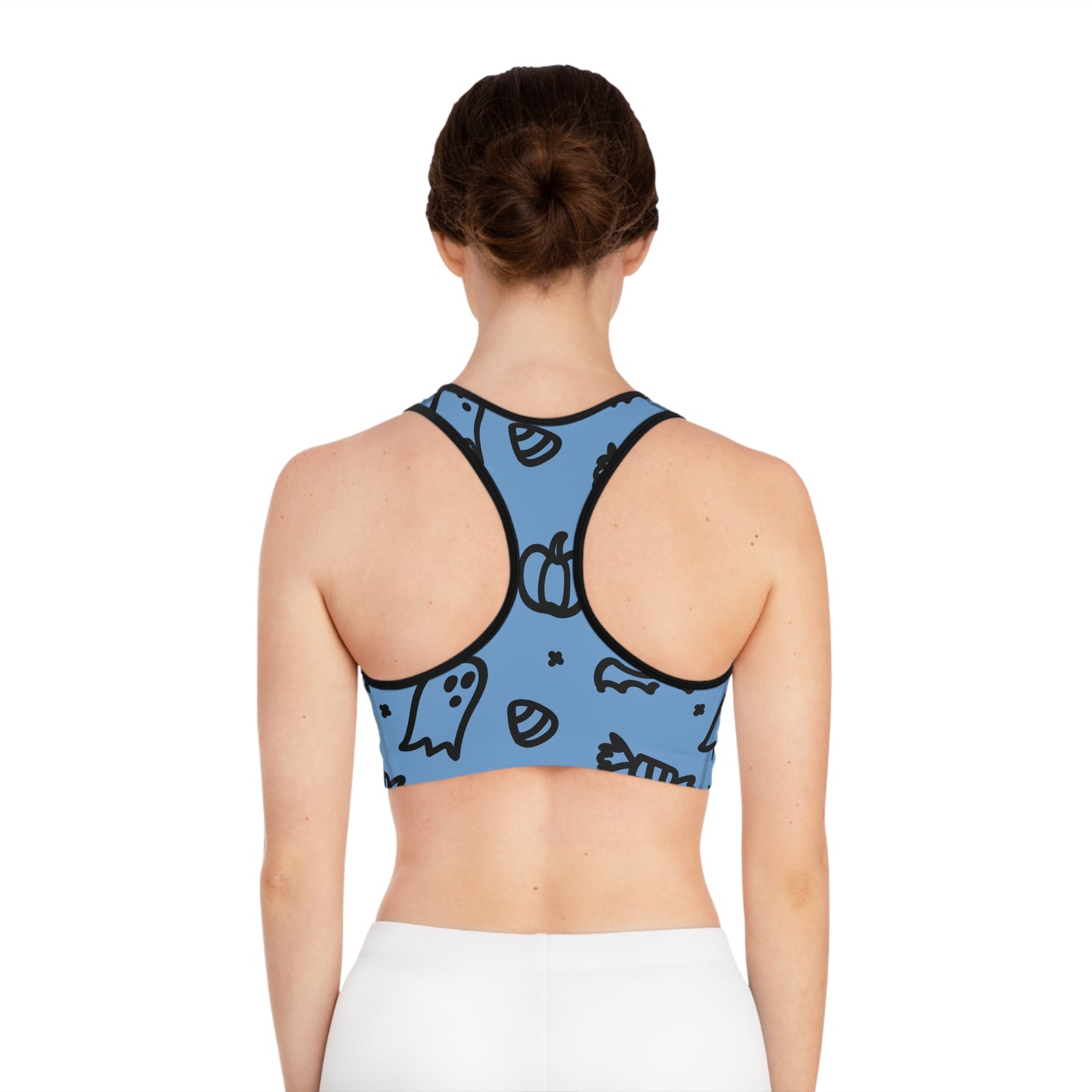 Halloween Sports Bra - Spooky Ghosts and Candy Design, Fitness Apparel for Halloween Workouts, Cute Activewear, Gym Top, Holiday Gift Idea