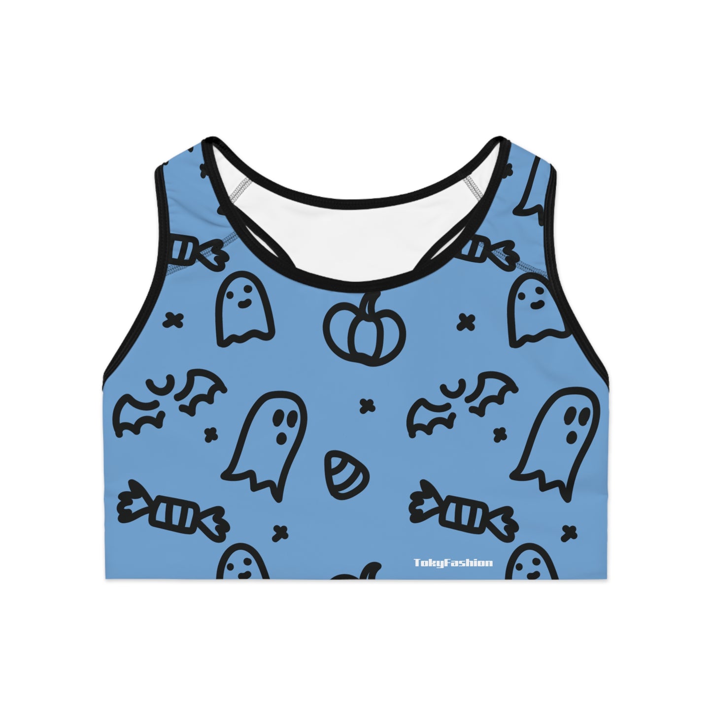 Halloween Sports Bra - Spooky Ghosts and Candy Design, Fitness Apparel for Halloween Workouts, Cute Activewear, Gym Top, Holiday Gift Idea