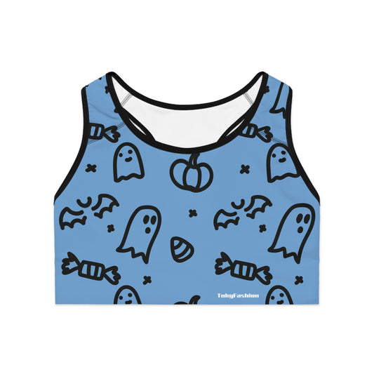 Halloween Sports Bra - Spooky Ghosts and Candy Design, Fitness Apparel for Halloween Workouts, Cute Activewear, Gym Top, Holiday Gift Idea
