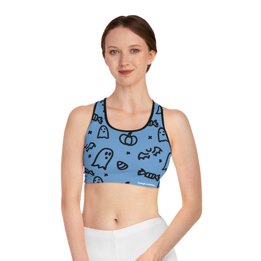 Halloween Sports Bra - Spooky Ghosts and Candy Design, Fitness Apparel for Halloween Workouts, Cute Activewear, Gym Top, Holiday Gift Idea